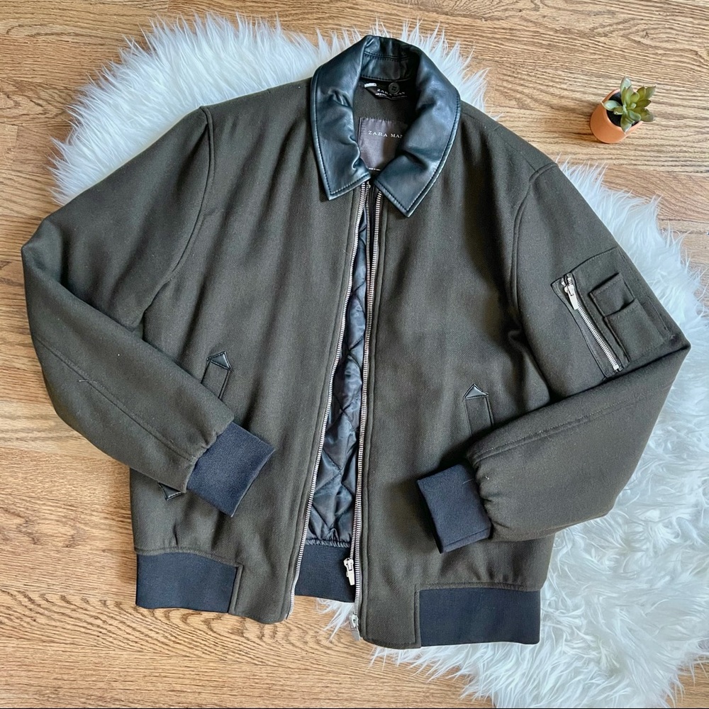 Military green bomber jacket with leather collar